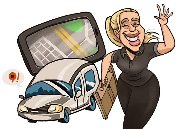 A collage of a car, gps, and artist with her easel, waving hello
