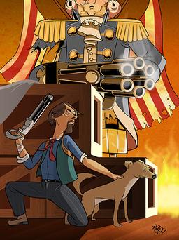 Full illustration as man fighting Bioshock Infinite boss